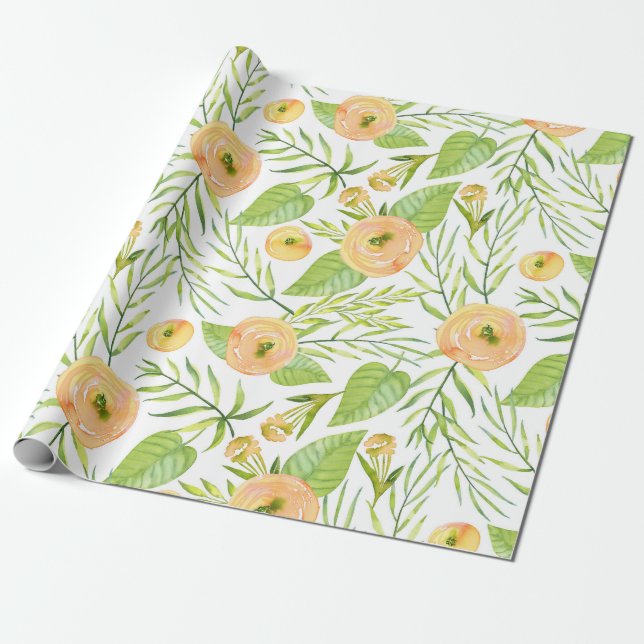 Pastel peach peonies lush flowers pattern wrapping paper (Unrolled)