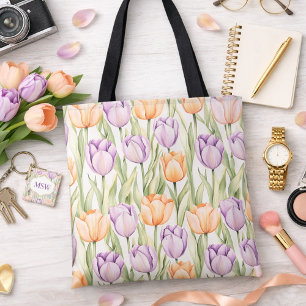 Pastel Peach Purple Tulips Pattern Spring Floral Tote Bag