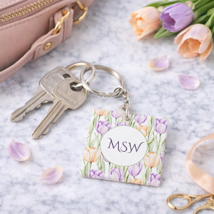 Pastel Peach Purple Tulips Spring Floral Monogram Keychain
