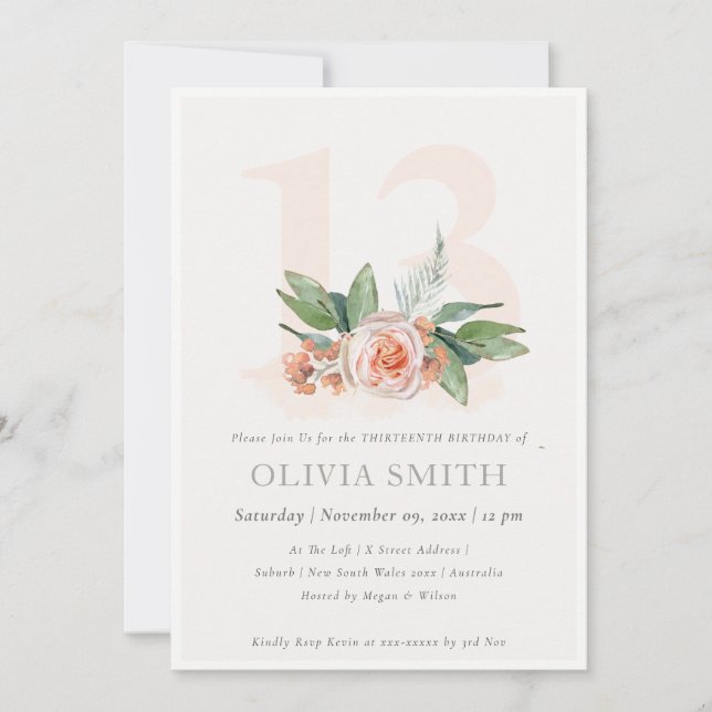 Pastel Peach Rose Floral Bunch 13 Birthday Invite (Front)