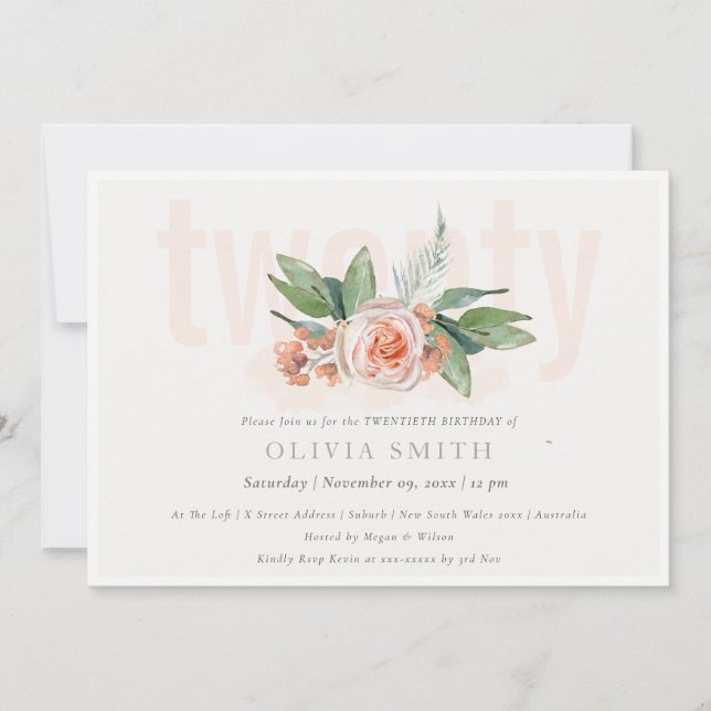 Pastel Peach Rose Floral Bunch 20 Birthday Invite (Front)