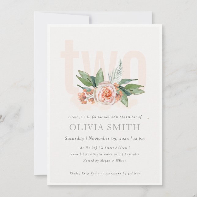 Pastel Peach Rose Floral Bunch 2nd Birthday Invite (Front)