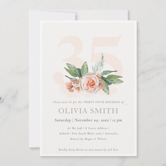 Pastel Peach Rose Floral Bunch 35 Birthday Invite (Front)