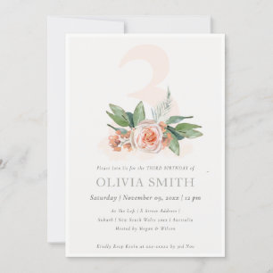 Pastel Peach Rose Floral Bunch 3rd Birthday Invite