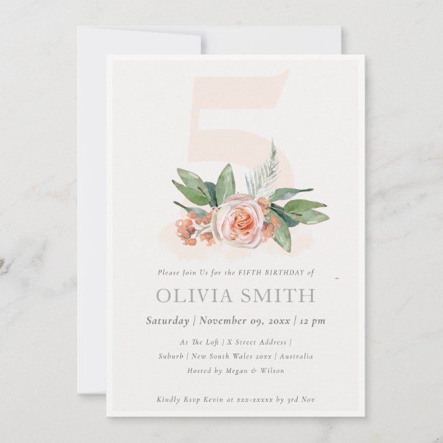 Pastel Peach Rose Floral Bunch 5th Birthday Invite (Front)