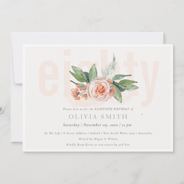 Pastel Peach Rose Floral Bunch 80 Birthday Invite (Front)