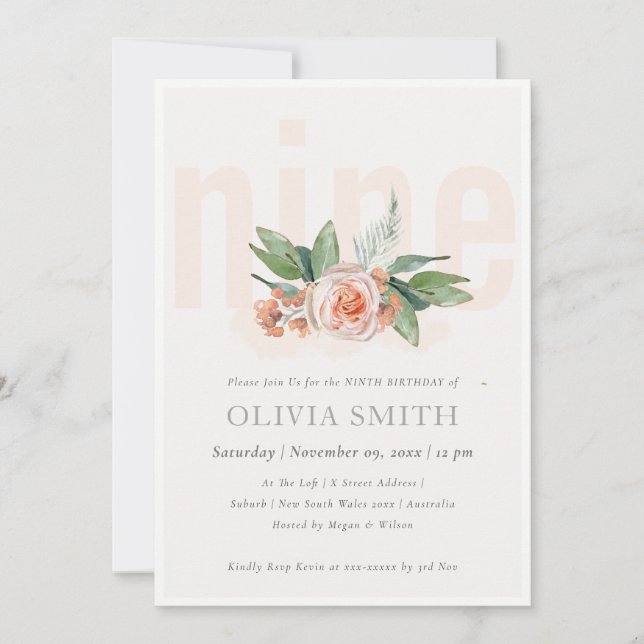 Pastel Peach Rose Floral Bunch 9th Birthday Invite (Front)