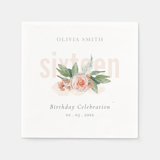 Pastel Peach Rose Floral Bunch Any age Birthday Napkin (Front)