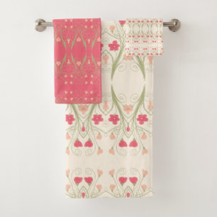 Pastel Peach With Pink and Green Bath Towel Set