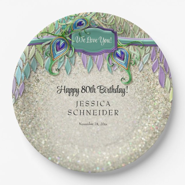 Pastel Peacock Art Nouveau Birthday Paper Plate (Front)