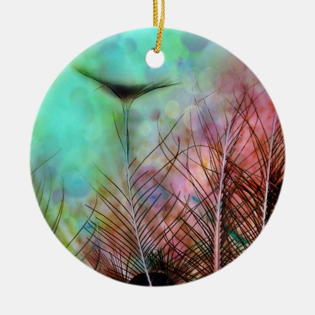 Pastel Peacock Feathers Ceramic Ornament (Front)