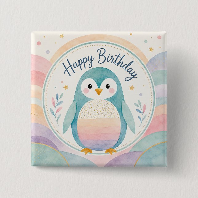 Pastel Penguin Rainbow Birthday Celebration 2 Inch Square Button (Front)
