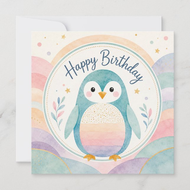 Pastel Penguin Rainbow Birthday Celebration Card (Front)