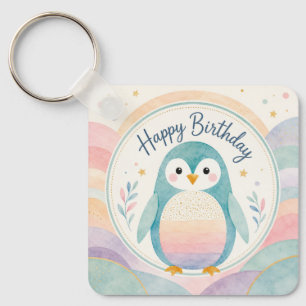 Pastel Penguin Rainbow Birthday Celebration Keychain