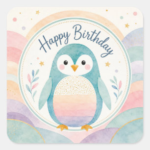 Pastel Penguin Rainbow Birthday Celebration Square Sticker