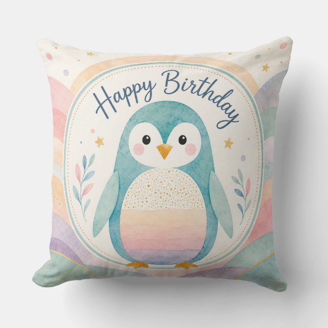 Pastel Penguin Rainbow Birthday Celebration Throw Pillow (Front)