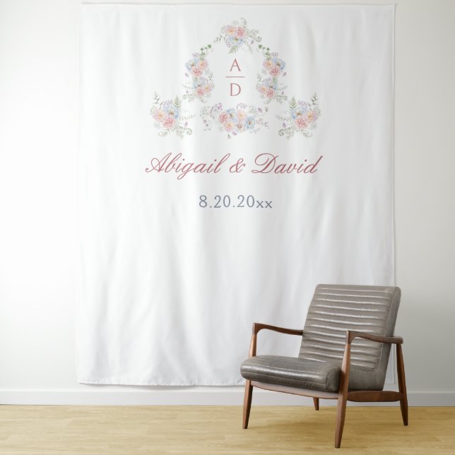 Pastel Peonies Frame Wedding Monograms Backdrop Tapestry (In Situ)