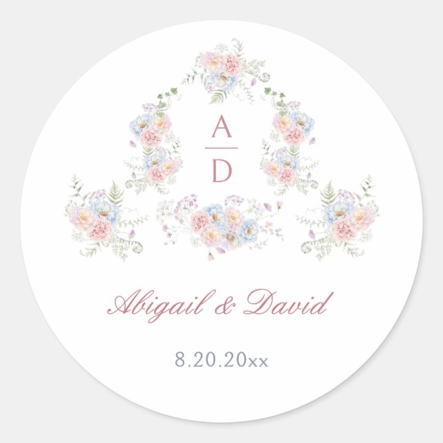 Pastel Peonies Frame Wedding Monograms Classic Round Sticker (Front)