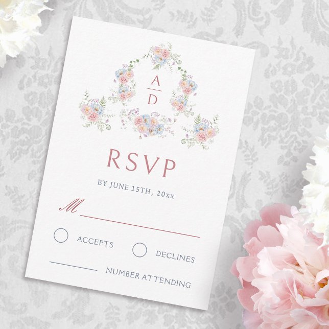 Pastel Peonies Frame Wedding Monograms RSVP Card (Creator Uploaded)