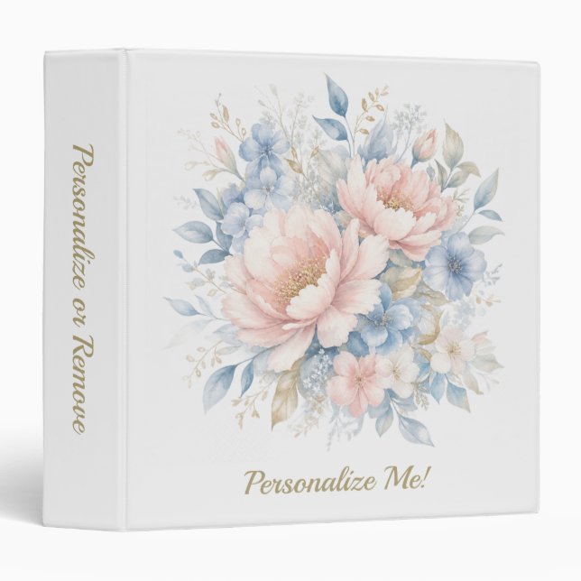 Pastel Peony Blue Floral Design Personalized Binder (Front/Spine)