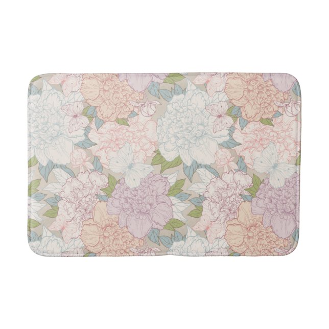 Pastel Peony & Butterfly Flower Pattern Bath Mat (Front)
