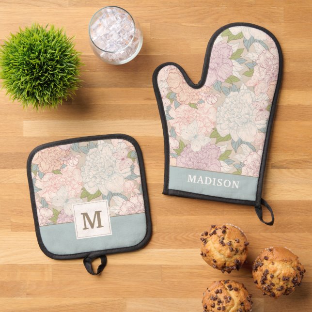 Pastel Peony & Butterfly Flower Pattern Oven Mitt & Pot Holder Set (Top Down)