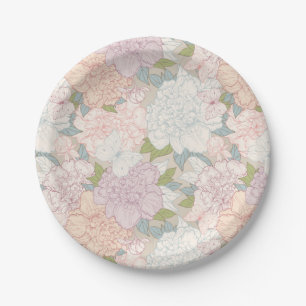 Pastel Peony & Butterfly Flower Pattern Paper Plate