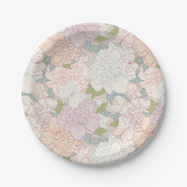 Pastel Peony & Butterfly Flower Pattern Paper Plate (Front)