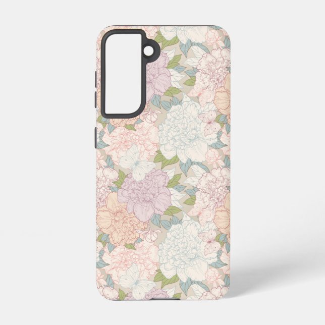 Pastel Peony & Butterfly Flower Pattern Samsung Galaxy S21 Case (Back)