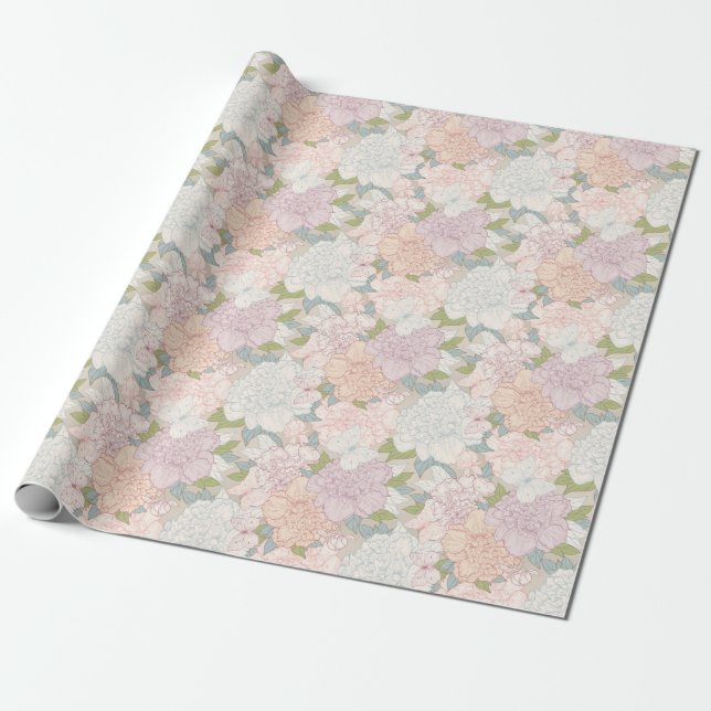 Pastel Peony & Butterfly Flower Pattern Wrapping Paper (Unrolled)