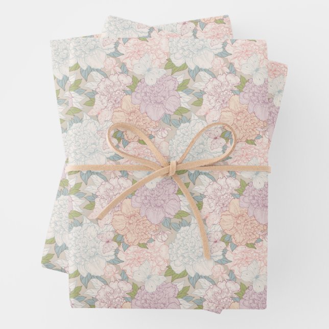 Pastel Peony & Butterfly Flower Pattern Wrapping Paper Sheet (In situ)