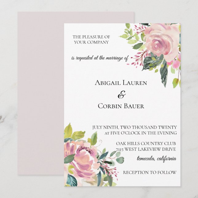 Pastel Peony Watercolor Wedding Invitation (Front/Back)