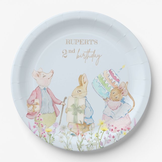 Pastel Peter the Rabbit and Friends Birthday Paper Plate (Front)
