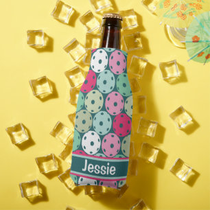 Pastel Pickleballs on dark green, with name Bottle Cooler