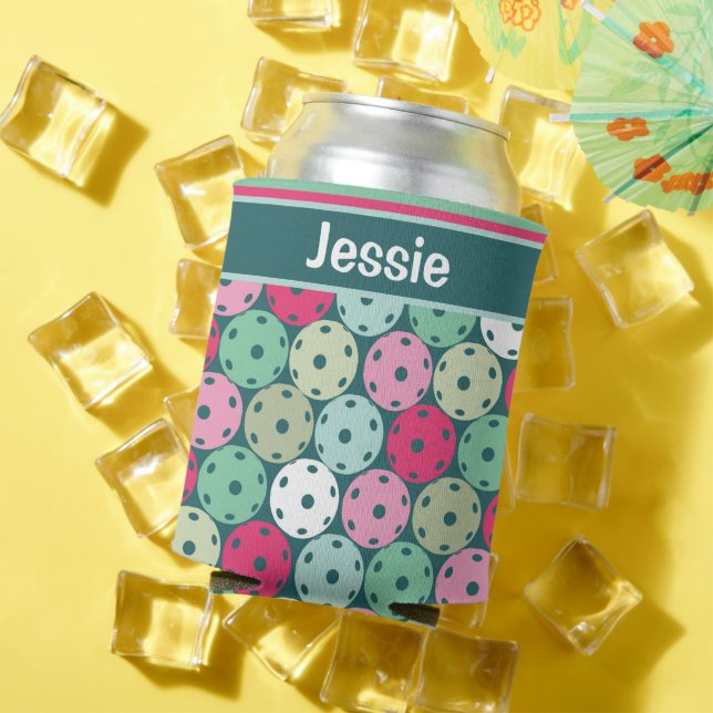 Pastel Pickleballs on dark green, with name  Can Cooler (In Situ Summer)
