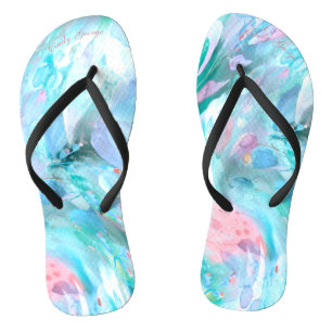 Pastel Pinched Flowery Nature BlueGreenPink Text Flip Flops