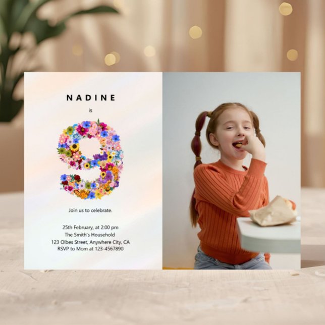 Pastel Pink 9th Birthday Floral Invitation Photo (9th Birthday Invitation Photo Girl Party 9 Year Old Editable Minimalist Birthday Wildflower Theme In)