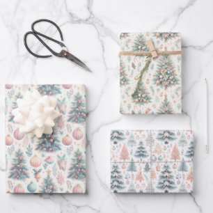 Pastel Pink and Blue Christmas Trees Decorated Wrapping Paper Sheet