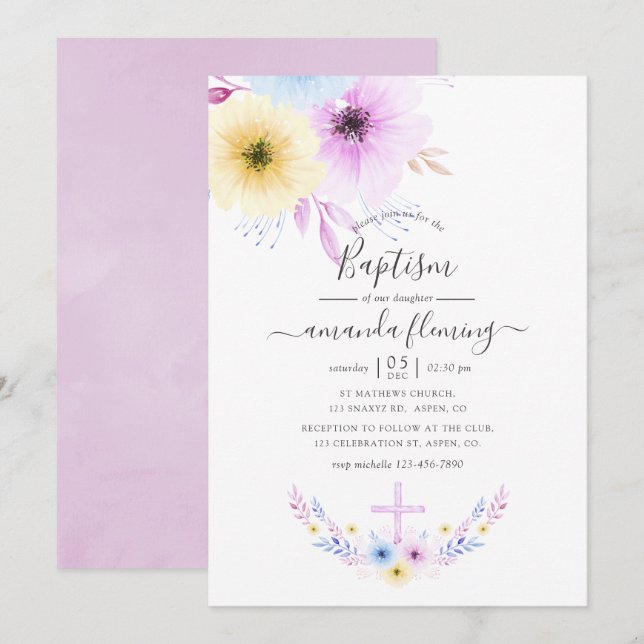 Pastel Pink and Blue Floral Baptism Invitation (Front/Back)