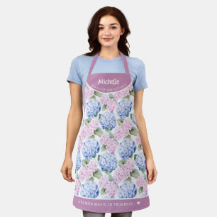 Pastel pink and blue hydrangea pattern apron