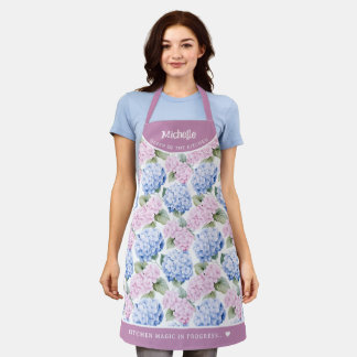 Pastel pink and blue hydrangea pattern apron