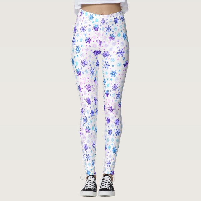 Pastel Pink and Blue Snowflakes Elegant White Leggings (Front)