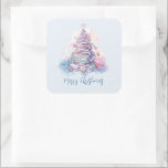 Pastel Pink and Blue Stacked Books Christmas Tree Square Sticker<br><div class="desc">Very pretty pink and blue pastel Christmas tree stacked with books,  sending Merry Christmas greetings on your packages</div>