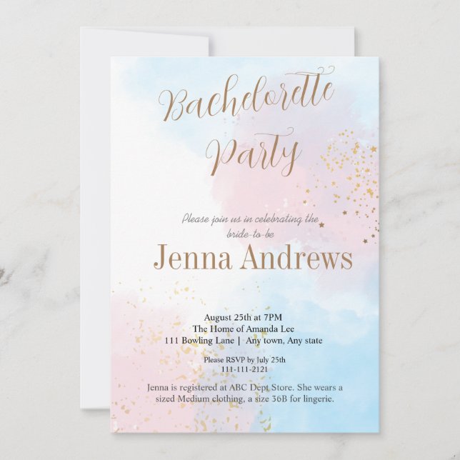 Pastel Pink and Blue Watercolor Bachelorette Party Invitation (Front)