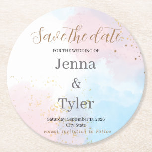 Pastel Pink and Blue Watercolor Save the Date Round Paper Coaster