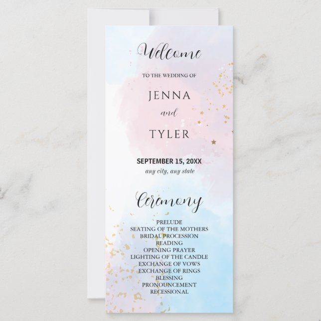 Pastel Pink and Blue Watercolor Wedding Program (Front)