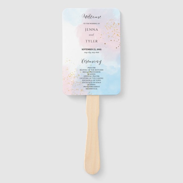 Pastel Pink and Blue Watercolor Wedding Program  Hand Fan (Front)