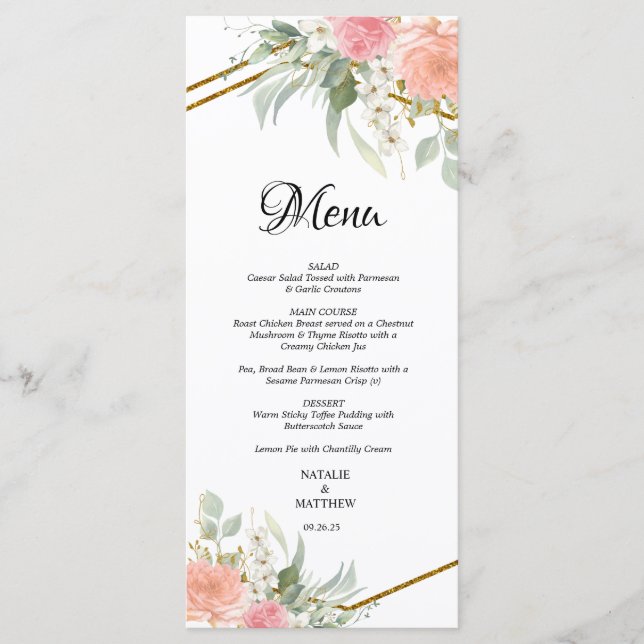 Pastel Pink and Gold Wedding Menus (Front)