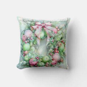 Pastel Pink and Green Christmas Throw Pillow