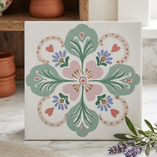 Pastel Pink and Green Folk Art Floral Ceramic Tile